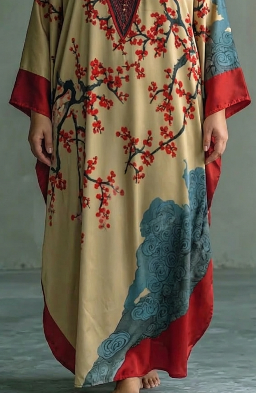 アディソン | バットウィングスリーブとプリント付き日本の赤梅の花マキシドレス